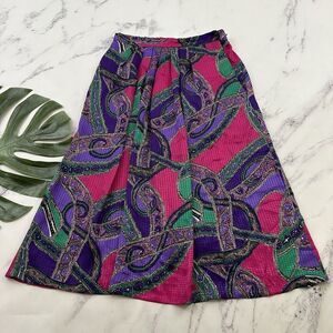 Gianna Womens Vintage 90s Midi Skirt Size 12 Purple Pink Paisley Pleated Satin